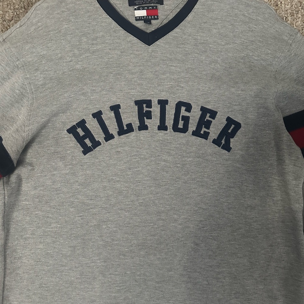 Tommy Hilfiger Gray V-Neck Sweater with Navy Trim 2003 - Picture 2 of 6
